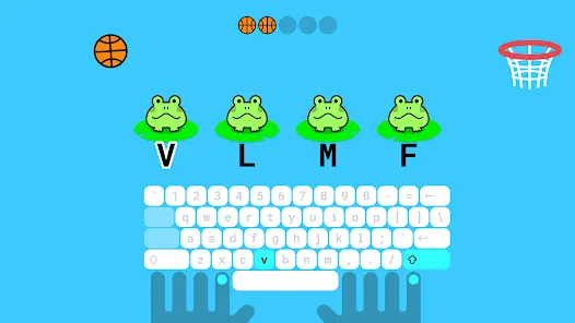 TYPING LANDの練習画面(画面のキーボードと手の位置を見ながら、表示された文字を打つ)