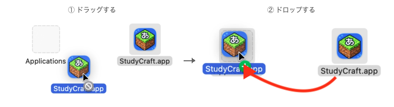 ダウンロードしたファイルを開いた画面。StudyCraftをApplicationsへドラッグする